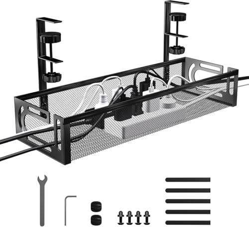Image of ABJA Under Desk Cable Management Tray, Wire Organiser for Table, Cable Organiser for Desk, No Drill Metal Mesh Tray with Clamps, Includes Ties & Cable Clips for Home /Office (Black 1, 39 x 12 x 7 cm)