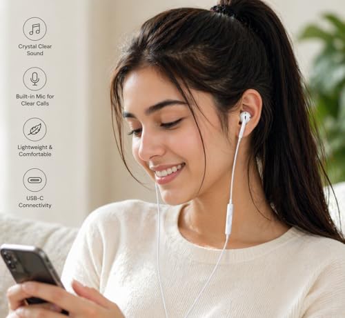 Image of Wired Earphones with Inline Microphone and Volume Control, Compatible with Type-C Devices, White