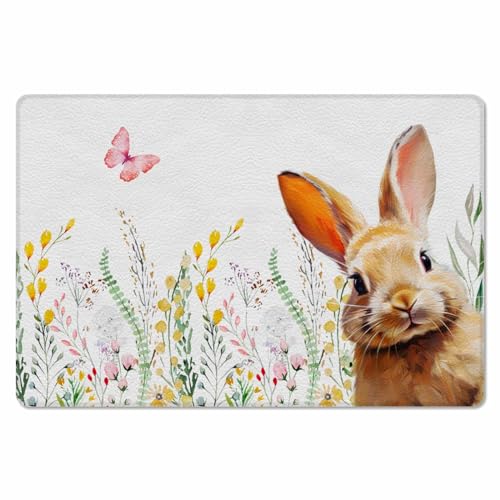 Easter Rabbits Kitchen Bath Door Mat Cushioned Runner Rug,Washable Welcome Floor Sink Antifatigue Mat,Waterproof & Non-Slip Comfort Standing Doormat,Easter Bunny Botanical Wildflower Leaves 18