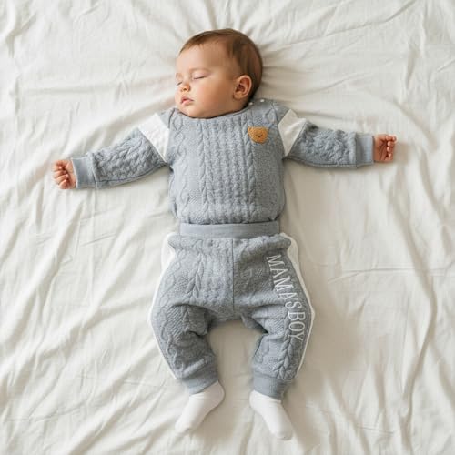 Image of Babieshouse Newborn Baby Boy Clothes Mamas Boy Bear Embroidery Long Sleeve Romper Pants Set Fall Winter Outfits 3-18 Months