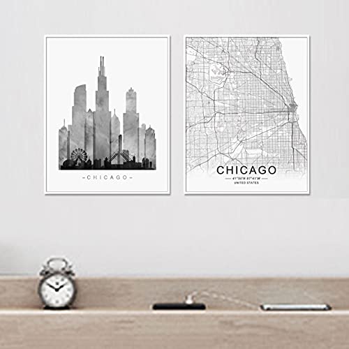 Chicago Skyline, Chicago Wall Art, Chicago Street Map, Watercolor Skyline Print, Building Wall Decor, Office Wall Art, Map Print, Set Of 2 Prints, 11X14 Inch Unframed #TOP2