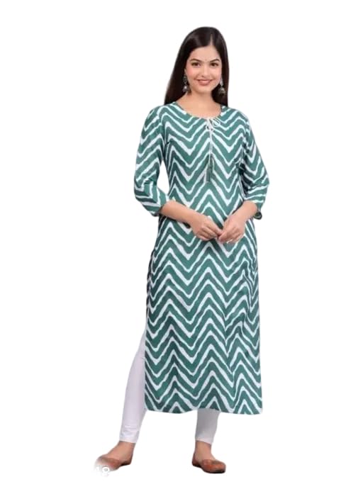 Image of Women's Round Neck Wave Printed Dark Green Regular Fit 3 /4th Sleeves Kurti