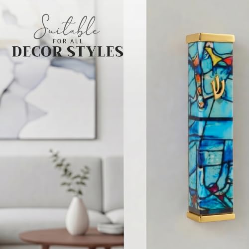 Image of SURI Mezuzah with Scroll for Door | 6 Inch Modern Aluminum Mezuzah Case | Fits 5 Inch Scroll | Gold & Silver Chagall-Inspired Design | Self Adhesive Easy Install | Judaica Jewish Gift