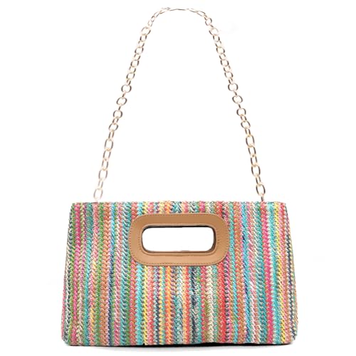 Image of Top Handle Straw Clutch Purses for Women Summer Evening Handbag Vacation Handbags Raffia Woven Beach Bags