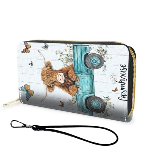 Wallet,Large Capacity RFID Blocking Leather Wallet, Durable Smooth Zipper Clutch,Unisex Travel Wallet for Cards,Cash,and Coins - Highland Cow Truck