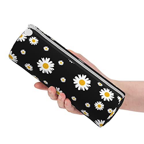 Image of White Yellow Daisy Flower Black Leather Pencil Case Zipper Pen Makeup Cosmetic Holder Pouch Stationery Bag for School Work Office