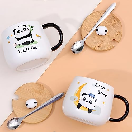 Image of BonZeal Ceramic Panda Mug Set - 4 Tea Coffee Cups With Lid and Spoon - Birthday, Christmas, New Year Gift for Kids, Friends, Secret Santa - 400 ml