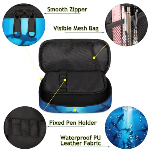 Image of Ocean Animal Sharks Pencil Case Pen Holder Large Capacity Black Stationery Organizer Pencil Bag with Zipper for Boys Girls Sea Sharks Kids Pencil Pouch Storage Box for School College Office