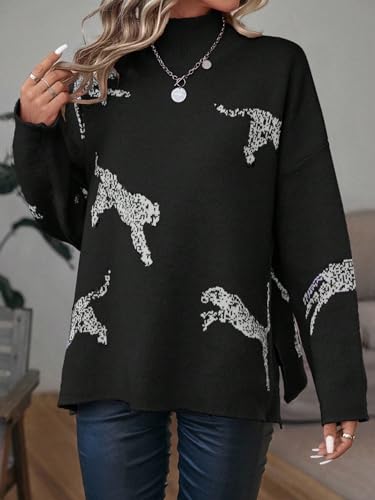 Image of WDIRARA Women's Leopard Print High Neck Long Sleeve Sweater Casual Knit Pullovers