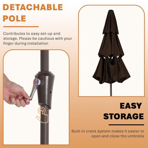 Image of JEAREY 9FT 3 Tier Patio Umbrella Outdoor Market Umbrella Table Umbrellas with 8 Ribs 1.5 Pole Push Button Tilt and Crank UV Protection for Garden,Brown