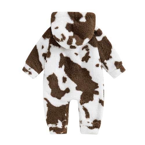 Newborn Boys Girls Fleece Western Jumpsuit Long Sleeve Button Zebra Cow Print Hooded Romper Infant Baby Winter Clothes4
