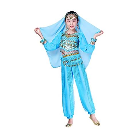 Aiweijia Girl Children Belly Indian Dance Costume Ethnic Dance Belly Dance Costume Practice Dance Highlight Pants 4 Piece Set (Top + Pants + Waist Chain + Headdress Scarf) Blue-M/100/120cm Cover