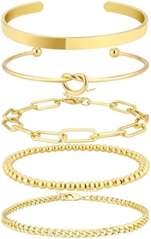 Bangle Cuff Bracelet Set for Women 14K Gold Plated/925 Sterling Silver Plated Bracelet Stack Adjustable Tennis/Beaded/Paperclip/Cuban Link Chain Bracelets Jewelry Accessories for Women