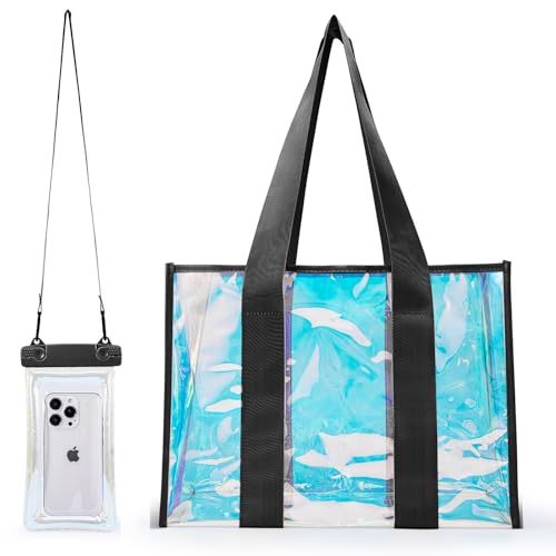 Clear Beach Tote Bag for Women with Phone Pouch, Tip-Proof Iridescent Pool Tote Bag for Swim