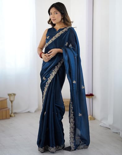 Image of SIRIL Women's Tissue Silk Sequence Embroidery Saree with Unstitched Blouse Piece