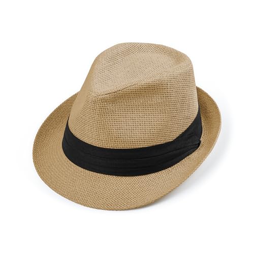 Image of Straw Trilby Fedora Hat for Men Women 1920s Panama Hat Short Brim Summer Beach Sun Hat with Band