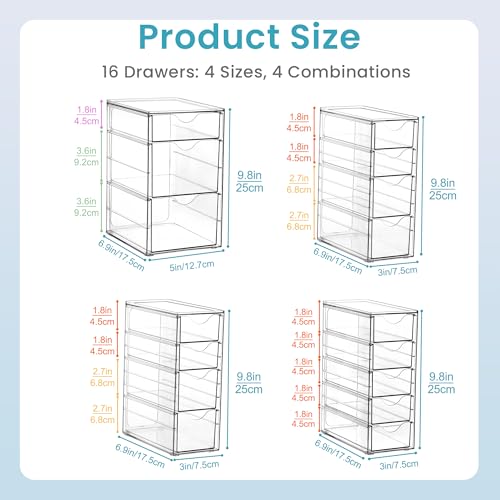 Image of Vtopmart 4 Set Clear Desk Organizer, Acrylic Pen Organizer with 16 Drawers | Desktop Organization and Storage, Clear Storage Drawers for Office Supplies, Pen, Makeup, Art Craft, Jewelry, Nail