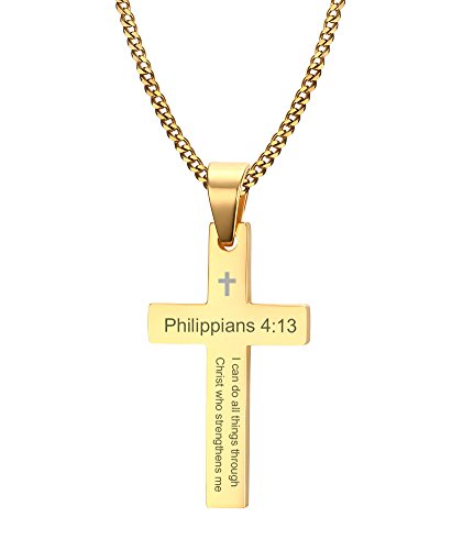 VNOX Herren Edelstahl Philippian 4 13 Christian Kreuz Anhänger Bibel Vers Gravur Halskette Gold,freie Kette