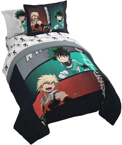 Jay Franco Kids Comforter Set Includes Sheets and Pillow Covers - Soft and Cozy Bed Set for Stylish Room Decor, Black - My Hero Academia, 5 Piece Twin Size Bedding