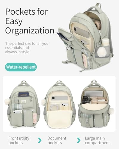 Image of School Backpack for Teen Girls, Big Student Laptop Backpack Aesthetic Bookbags for College Women Elementary Middle High School Travel Mochilas Escolares, Light Green