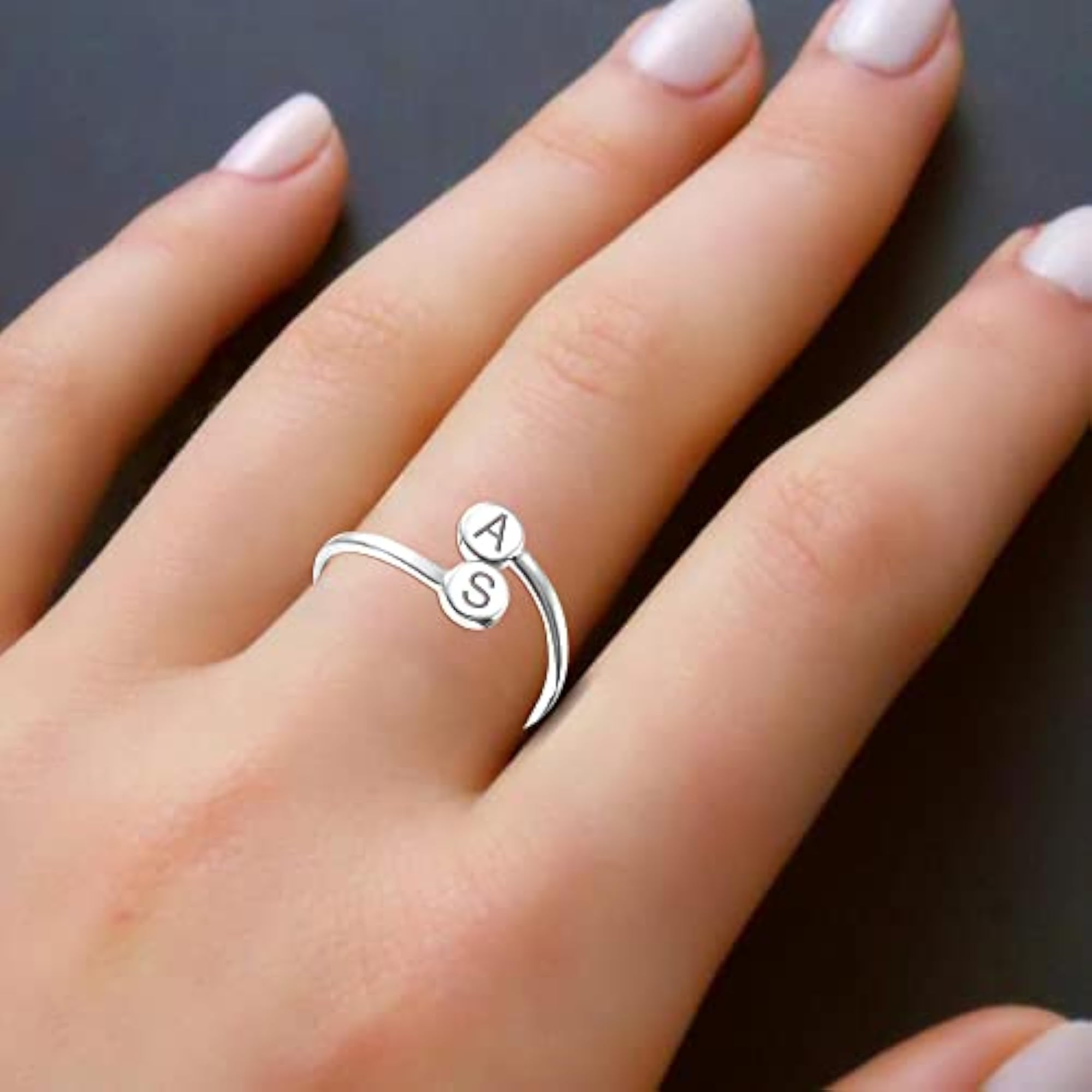 Women's Personalised Customised 925 Sterling Silver Double Disc Initial Rings
