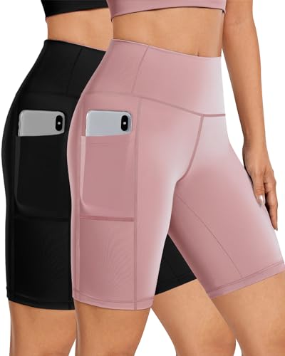 Buauty 2 Pack Biker Shorts Women, High Waisted Tummy Control 8 Inch Compression Style with Side Pocket, Lightweight Stretch Activewear for Yoga, Running, Cycling and Summer Casual Wear