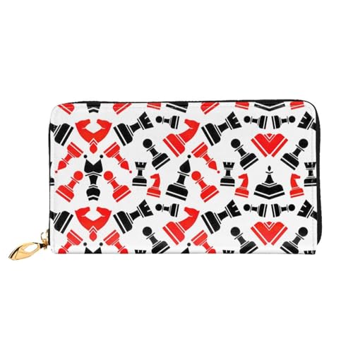 Portefeuille en cuir motif échecs femme grand format pochette voyage zippée chic
