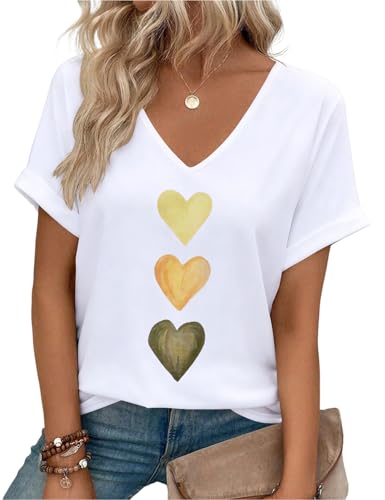 PASUDA Camisetas Mujer Algodón Manga Corta Cuello en V Camiseta Verano Elegantes Estampado Basicas Tops Casual Suelta Cómodo T Shirts(Blanco,M)