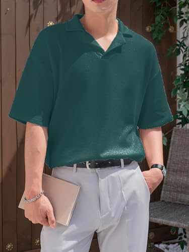 Image of Men's Textured Waffle Knit Polo T-Shirt | Relaxed Fit Half Sleeve Collared Tee | Soft Breathable Casual Summer T-Shirt