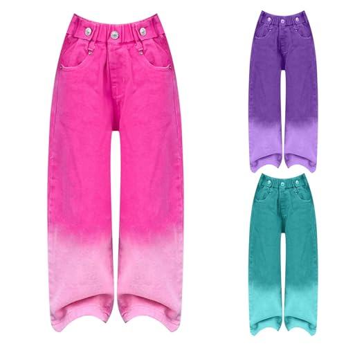Kids Girls Jeans Elastic Waist Baggy Denim Wide Leg Pants Trousers Vintage Fashion Streetwear with Pockets (Purple, 5-6 Years)