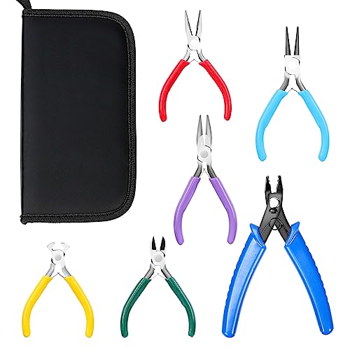 Swpeet 6Pcs Jewelry Pliers Set, 6 Types, 4.5 Inch, Colorful Jewelry Making Tools - Needle Nose, Round Nose, Wire Cutters, Crimping Pliers, Bent Nippers, End Nippers
