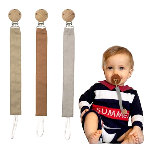 Moguri Juego de 3 cadenas para chupete de tela, cinta para chupete de algodón con clip de madera para niños y niñas, cadena para bebés con anillo de mordedor, cadenas para chupete para mam (gris,