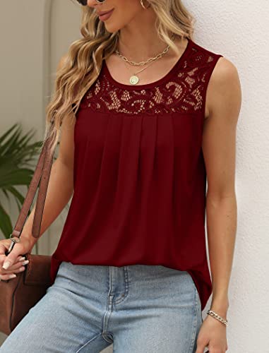 Image of Saloogoe Summer Tank Tops for Women Loose Fit Pleated Tunics Scoop Neck Sleeveless Lace Tops Curved Hem Flowy