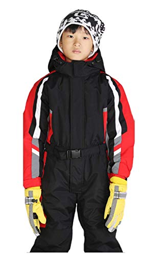 Genm0 One-Piece Snowsuit Ski Suit for Kids Water Resistant Windproof Taslon Reflective Boys/Girls Winter Clothing (Black-red, 4T)