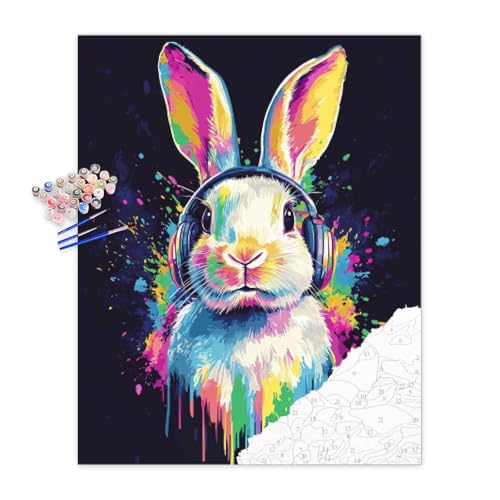 zouewit Bunny Painting Kit, Rabbit Paint by Numbers for Adults, Rabbit with Headphones Acrylic Paintings, Animal Home Living Room Wall Decor - Graffiti Rabbits Poster(16x20inch)