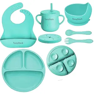 Tony Stark 7 Pcs Silicone Baby Feeding Set Bpa-Free,Microwave Safe,Anti-Slip Base | Complete Tableware Kit for Babies & Toddlers with Suction Plate,Bowl,Cup, Spoon,Fork & Bib (Green)