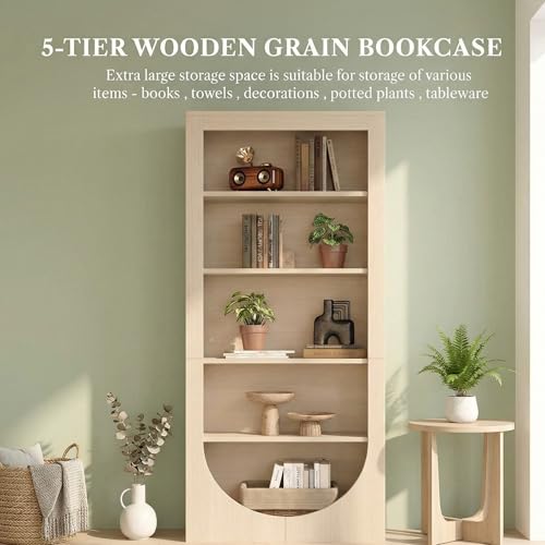 Image of 71 inch Arched Bookcase, 5-Tier Reversible Farmhouse Shelf | Reversible arch. 5 shelves. 50 lb per shelf. 11.81 inchD x 29.5 inchW x 71 inchH. Light brown finish.