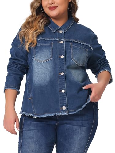 Agnes Orinda Plus Size Denim Jacket for Women Frayed Hem Classic Washed 2024 Denim Jean Jackets2