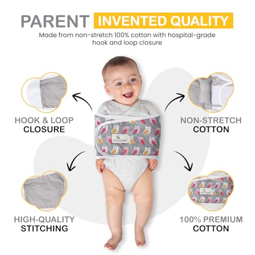 Image of Anna & Eve Baby Swaddle Strap for Newborns and Infants - 100% Cotton, No Overheating - The Original Arms Only - Adjustable Small Size Swaddle, Fits Chest 13.5 inch to 17 inch - Owls Grey /Pink