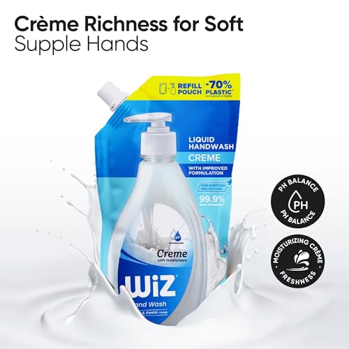 Image of Wiz Creme Hand Wash Refill Pouch - 1L (Pack of 2) | Moisturizing Formula for Soft & Smooth Hands | Germ Protection | pH Balanced | 70% Less Plastic | Gentle Everyday Hand Care