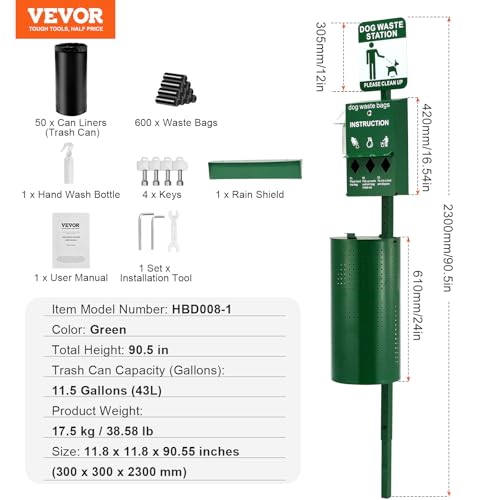 Image of VEVOR Dog Waste Station, 11.5 Gallon Pet Waste Station with Hand Wash Bottle, Lockable Bag Dispenser, 50 Can Liners & 600 Waste Bags, Outdoor Pet Poop Station for Commercial Use, Parks, Backyard