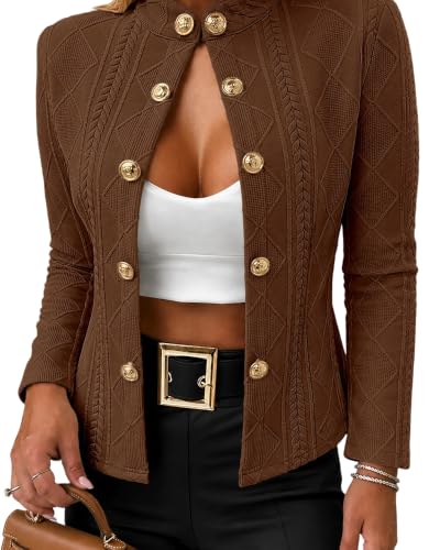 Image of CHICME Women's Argyle Cable Knit Cropped Jacket | Metal Button Front, Stand Collar Detail, Lightweight Cardigan Style, Long Sleeve Design, Fall Layering, Casual Office Wear