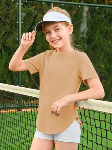 Image of Haloumoning Girls Summer Short Sleeve Shirt Kids Crewneck Curve Hem Soft Tunic Tops T-Shirts 5-14 Years