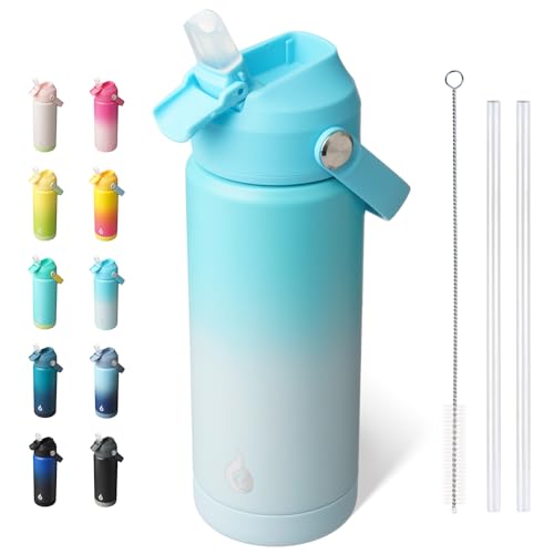 Image of BJPKPK Insulated Water Bottle with Straw Lid, 18oz Thermo Water Bottles with Soft Nozzle, Flex Handle & Non-slip Boot, BPA Free Leak Proof Stainless Steel Metal Thermo, Tumblers, Cups,Sea Salt