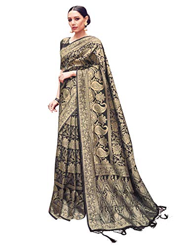 Sarees for Women Banarasi Art Silk Woven Saree || Indian Wedding Gift Sari with Unstitched Blouse Black