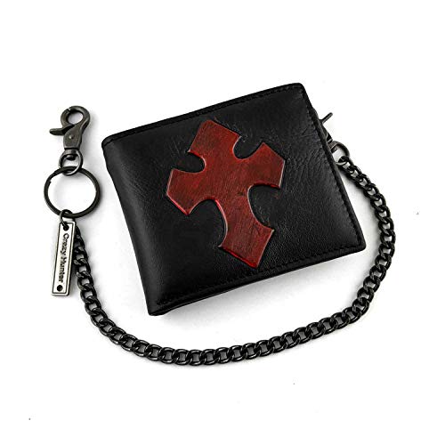 Men's Genuine Leather Black Card/Money Gothic Cross Wallet with Chain (short)