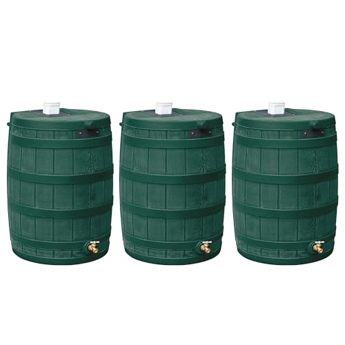 Image of Good Ideas Rain Wizard Water Storage High Quality Collection Barrel with Brass Spigot, Safety Screen, and 50 Gallon Capacity, Green (3 Pack)