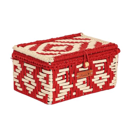 Image of Kaahira Handmade Decorative Storage Box and Organiser | Macrame Gift Hamper Box for Cosmetics, Toiletries & Return Gifts | Aesthetic Rope Woven Organizer (Red and White, Small - 9x6x4 inches)