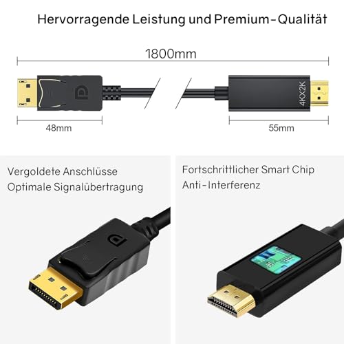 VIEVRE Kabel 4K DisplayPort do HDMI 1,8 m – jednokierunkowy kabel DP do HDMI do monitora, projektora, laptopa