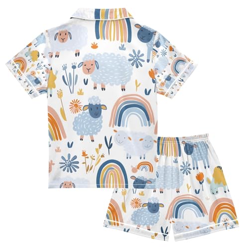 senya Rainbow Cute Sheep Satin Summer Pajama Sets Silk Short Sleeve Button Down Sleepwear2